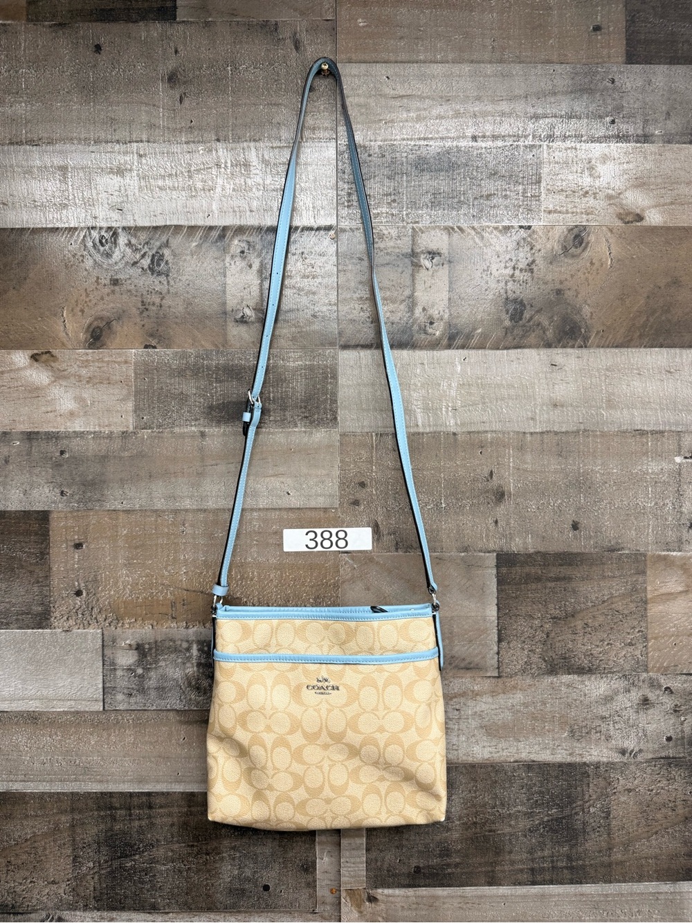Coach Beige Monogram Crossbody with Light Blue Trim